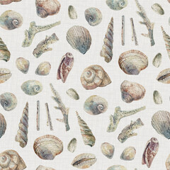Seamless watercolor marine shells pattern on light background, ideal for wallpaper, fabric and wrapping paper
