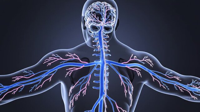 Human Nervous System and Circulatory System 3D Animation with Glowing Brain and Spinal Cord.
