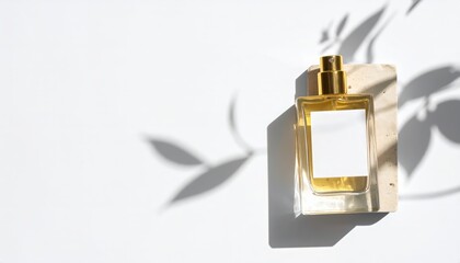 Minimalist perfume bottle on stone pedestal with leaf shadow