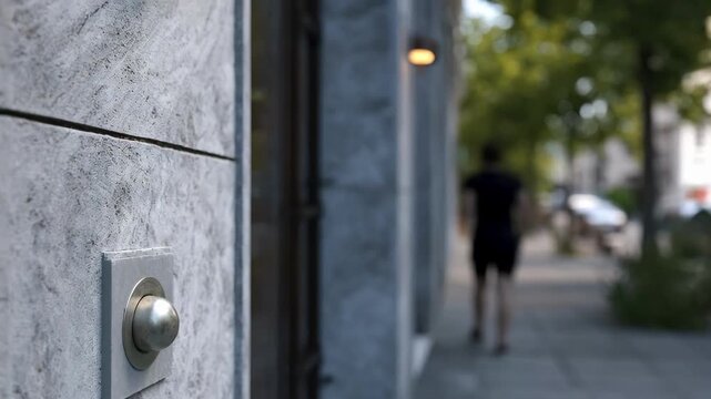 Medium shot featuring a sleek modest wall plaque mounted on textured facade with blurred sidewalk and entrance conveying quiet discretion.