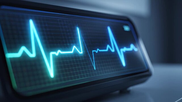 Heartbeat Monitor Displaying Vital Signs and Medical Data on a Screen, Close-Up View of a Digital Electrocardiogram.