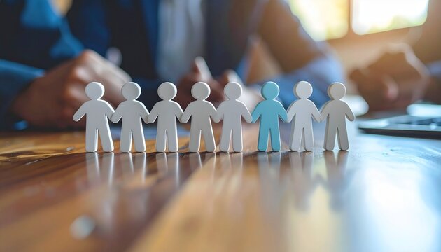 Blue person figure standing out in a line of white figures on a wooden table, symbolizing individuality and leadership in a business team.