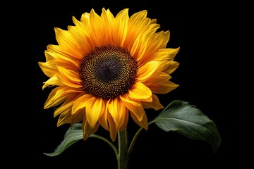 Fototapeta premium Close-up of bright yellow sunflower with detailed center isolated on black background