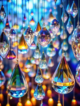Delicate crystal pendulums suspended in midair, radiating a kaleidoscope of colors