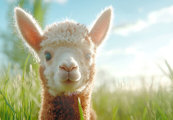 Fototapeta premium Cute alpaca with fluffy brown coat and bright eyes stands in sunlit field, radiating joy and innocence