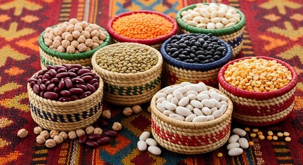 Assorted Beans and Grains in Woven Baskets