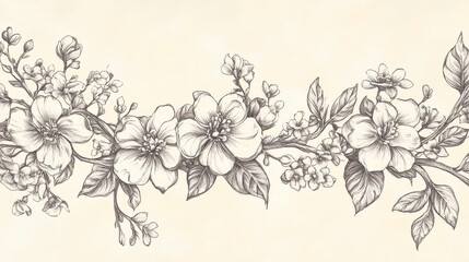 Fototapeta premium A hand-drawn floral garland border in a seamless vector illustration style. The line art features a harmonious arrangement of spring flowers, each meticulously detailed to showcase the veins of the