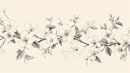 A sophisticated line art vector illustration of a blooming floral border that seamlessly extends horizontally. This drawing captures an array of spring blossoms interspersed with detailed leaves and