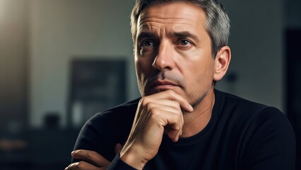 Thoughtful middle aged man with hand on chin in contemplative indoor setting with blurred background