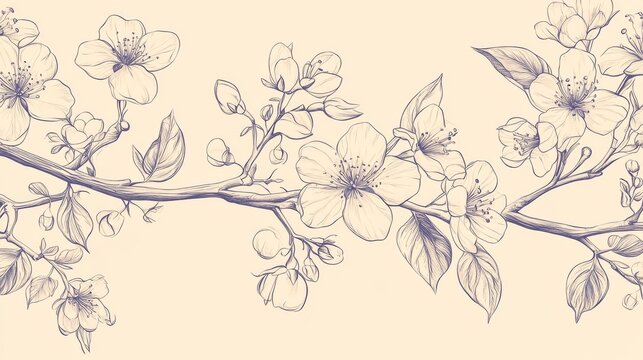 A sophisticated line art vector illustration of a blooming floral border that seamlessly extends horizontally. This drawing captures an array of spring blossoms interspersed with detailed leaves and