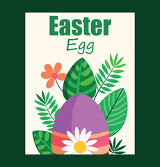 Festive purple easter egg with floral decoration and green leaves for spring celebration