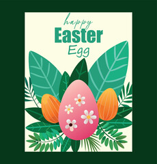 Vibrant happy easter egg design featuring decorated pink and striped orange eggs