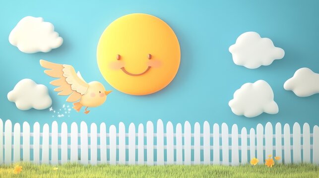 In this richly detailed 3D cartoon vector, a pristine white fence creates a boundary between the rolling expanse of manicured grass and an expansive sky. The clouds are rendered in whimsical shapes,