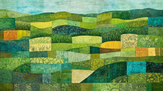 A sprawling abstract collage of a farm field featuring a vivid patchwork of different crops depicted in a variety of textures and patterns. The landscape is dotted with oriental motifs, creating an