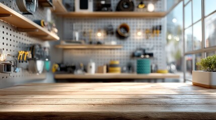 Minimalist modern workshop with wooden desk and neatly arranged 3D printing tools on metal pegboard, soft daylight and cinematic lighting, high-detail professional setup