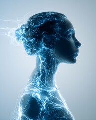 AI light trails connecting human profiles signify ethical navigation towards the future.