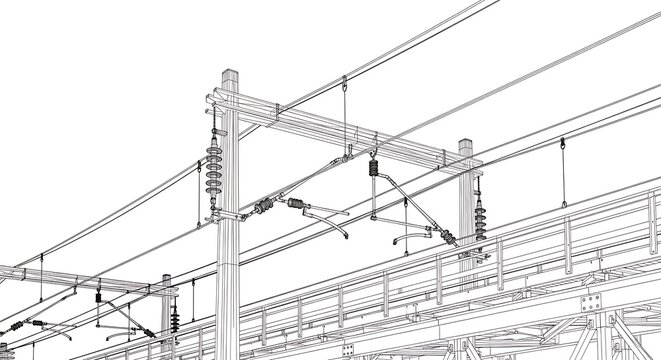 Wireframe rendering of a railway catenary system, illustrating overhead electrical lines, insulators, and support structures for train power infrastructure