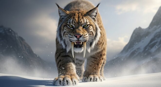 3D render of a powerful saber-toothed tiger walking towards camera in a snowy, mountainous winter landscape with dramatic lighting