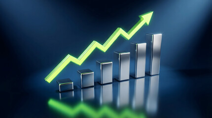 Vibrant green arrow indicating business growth over metallic silver bar chart on a reflective dark blue surface with dramatic ligh