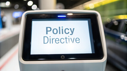 Policy directive new world order message on digital kiosk screen in modern bright office hallway