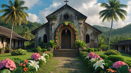 Tropical Rustic Church with Lush Garden and Palm Trees
