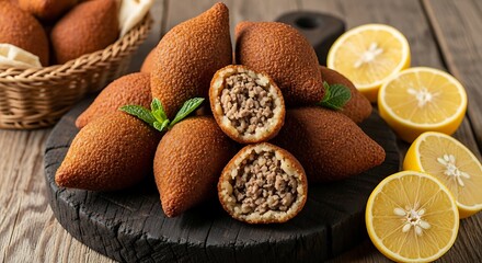 Kibbeh balls on a wooden board with lemons