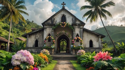 Tropical Rustic Church with Lush Garden and Palm Trees