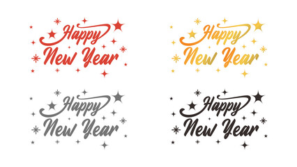 text "Happy New Year" written in black, red, silver and gold shiny metallic ink, isolated on a white or transparent background, set Happy New Year