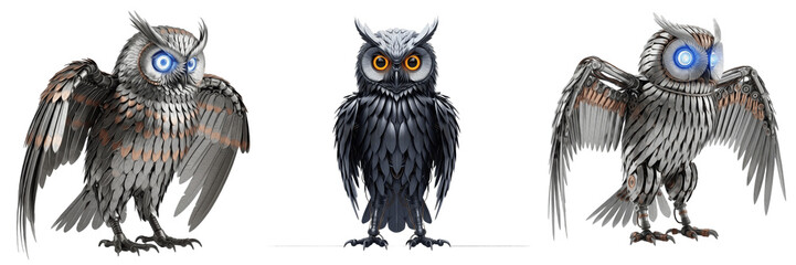 Set of Futuristic Robotic Owls and Cybernetic Night Birds Isolated on White Background