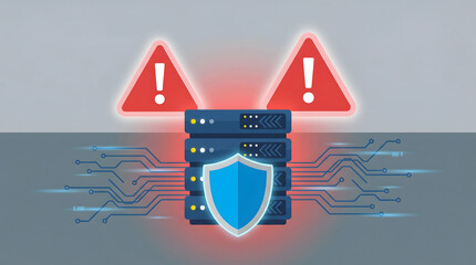 Computer servers with a protective shield and glowing circuit lines illustrating critical data security and urgent system threats