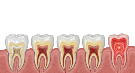 highly detailed scientific illustration of five sequential incisor tooth cross-sections showing dental caries progression into the pulp and glowing red periapical abscess on white. concept for dental