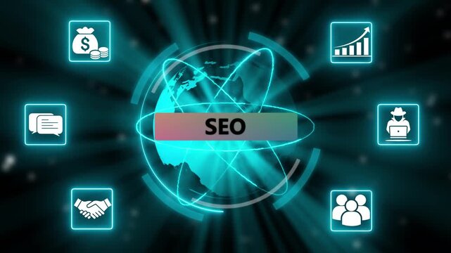 SEO technology process with cloud computing and team collaboration. Futuristic SEO ecosystem with growth, security, and teamwork icons.