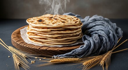Stack of hot pancakes on wooden plate