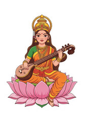 Goddess saraswati playing veena isolated on transparent background