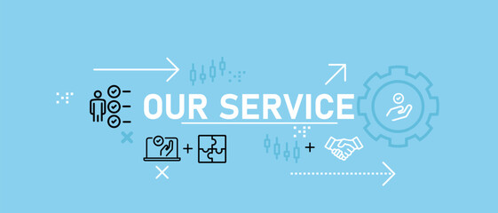 header our service on company business icons technical assistance and client relationship for company profile or landing page interface flat vector illustration