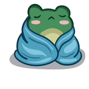 Cute green frog wrapped in a blue blanket. Kawaii froggy character sleeping cozy in a warm towel.