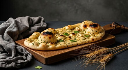 Garlic Naan Bread on Wooden Board