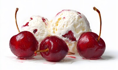 Cherries mixed with 3 scoops of vanilla ice cream, vanilla ice cream dripping slowly from the top of the scoops