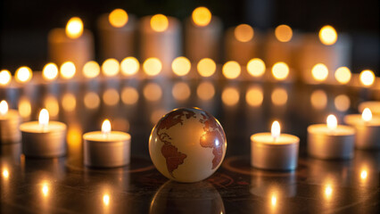 Candle globe light world new order warm candle circle create new world order mood with glowing globe focus and soft reflection
