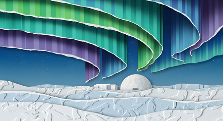 Winter landscape vector illustration with snow and trees under a blue sky featuring digital wave patterns and technological light elements for a professional business wallpaper design