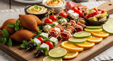 Assorted Appetizers and Fruits on a Wooden Board