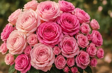 A bouquet of pink roses blooms in graceful layers, radiating beauty and tenderness.