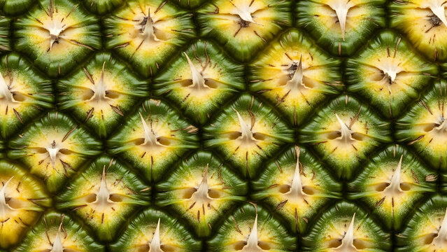 Close-up of a pineapples textured skin showcasing its intricate pattern and vibrant colors.