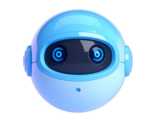 Blue, spherical robot head with illuminated eyes, isolated on black