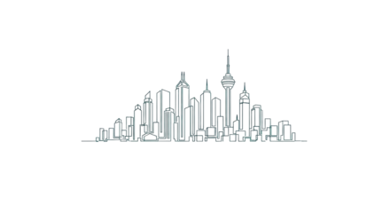 Abstract geometric metropolis skyline silhouette drawn in a continuous deep teal monoline vector illustration with wide negative space on a white backdrop, graphic identity design concept