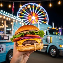 Juicy Gourmet Cheeseburger Held in Hand at Night Carnival with Ferris Wheel and Blue Food Truck