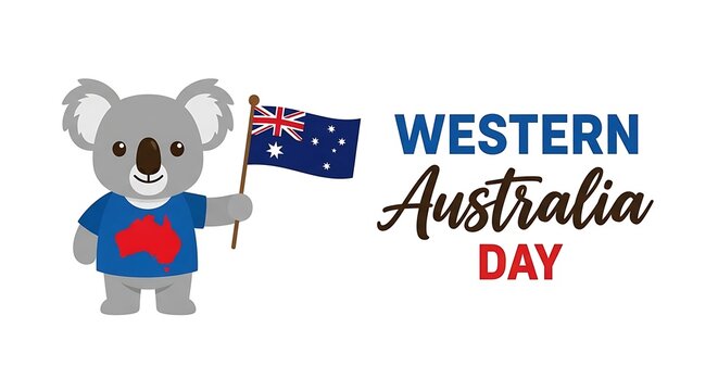 Cute cartoon koala wearing an australia map shirt proudly holding the australian national flag graphic celebrating western australia day holiday