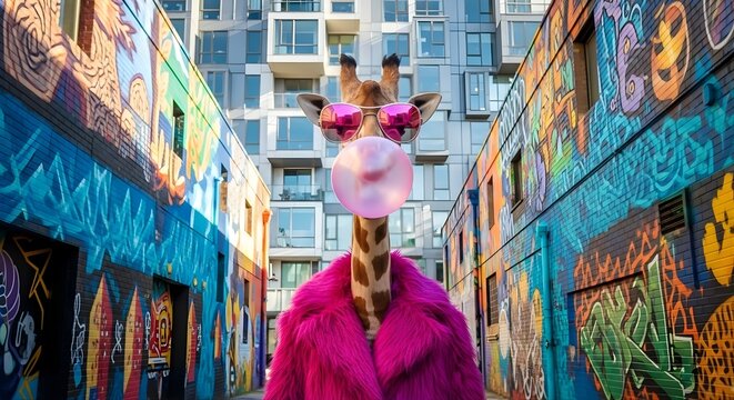 Giraffe With Pink Fur Coat Blowing Bubble Gum 39