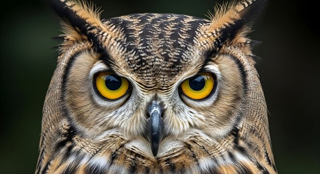 Close up of a majestic owl's face with intense yellow eyes