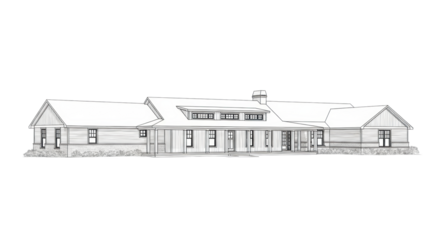 architectural pencil sketch of a detailed, sprawling single-story modern ranch house with a deep covered porch, ultra-fine line art, orthographic projection on white background. concept for